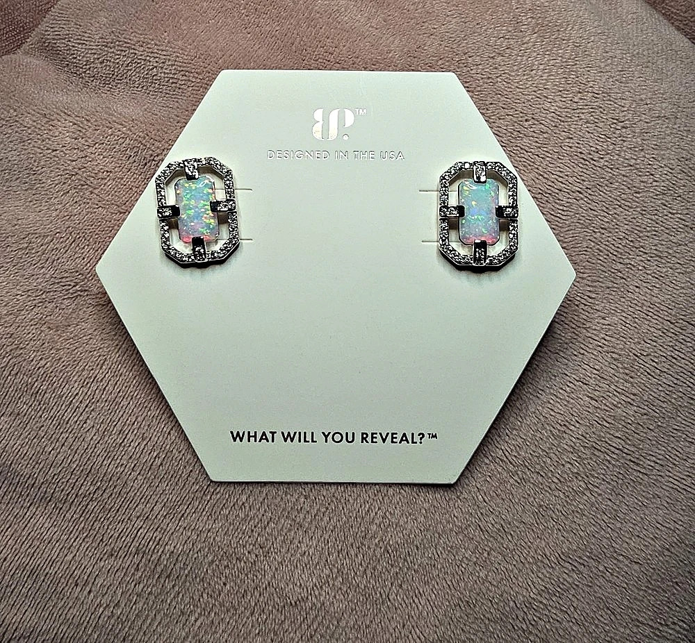 Bomb Party "Carved With Calm" Lab Created Opal Earrings in Silver NWT
